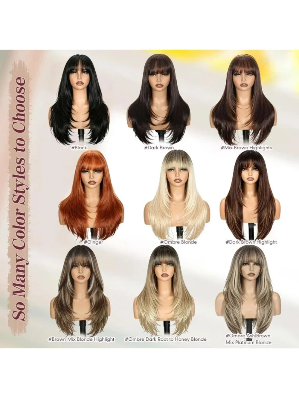 Layered Brown Highlight Wig with Bangs, 26